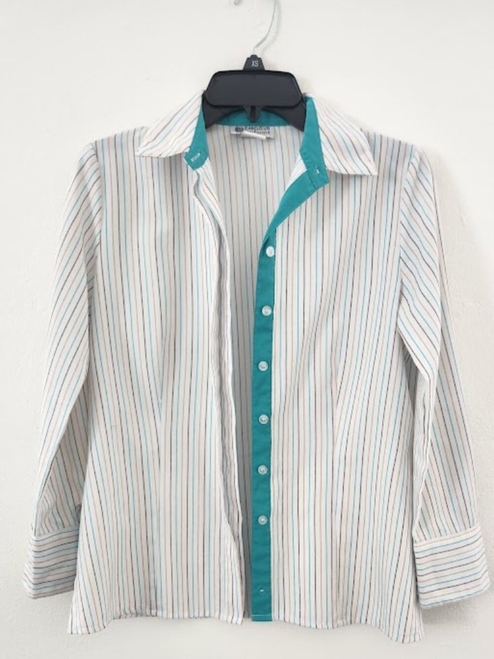 Executive Uniforms Striped Button Down Blouse Shirt XS Teal Blue Tan White - Picture 11 of 16